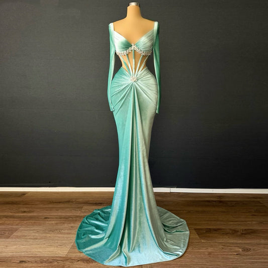Enticing V Neck Mint Green Prom Dress Long Sleeve Crystals Mermaid Evening Outfits AP6721