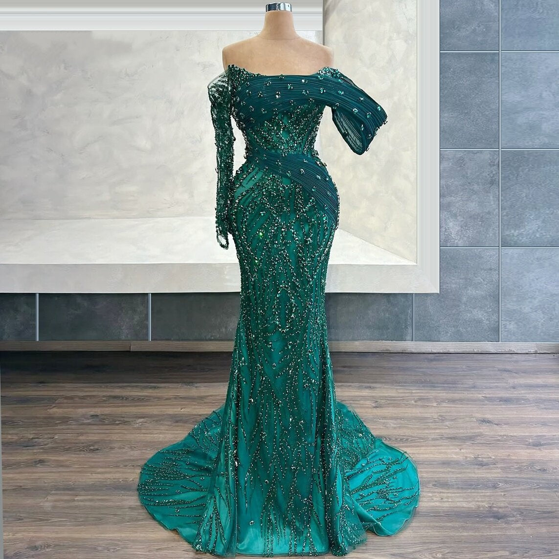 Shiny Dark Green Prom Dress Off-Shoulder Long Sleeve Formal Dress Crystals Sequins Mermaid Evening Outfits AP6722