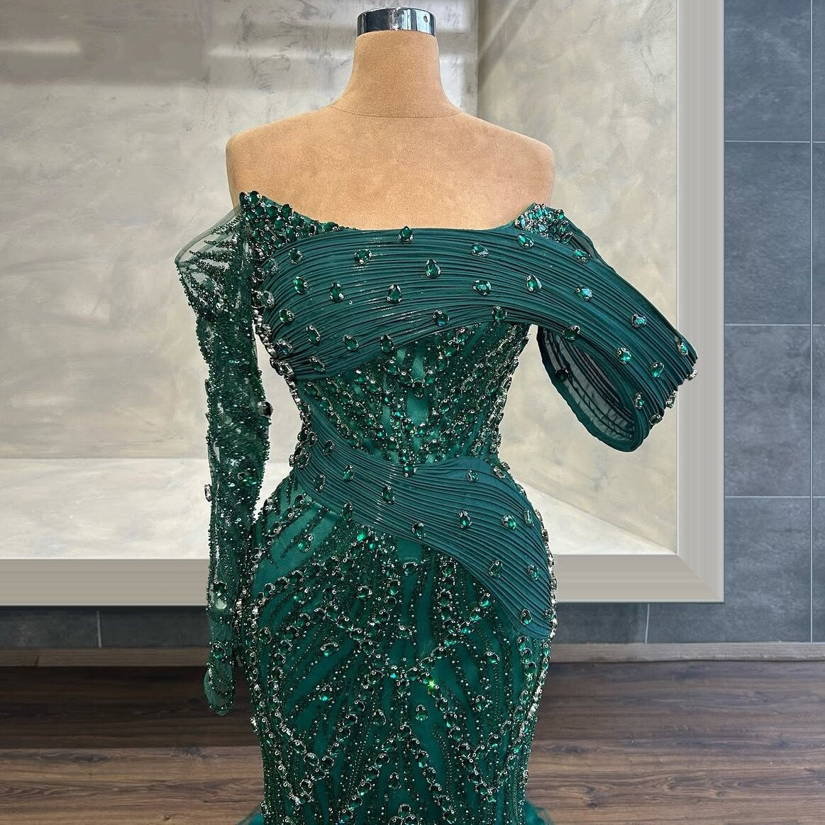 Shiny Dark Green Prom Dress Off-Shoulder Long Sleeve Formal Dress Crystals Sequins Mermaid Evening Outfits AP6722