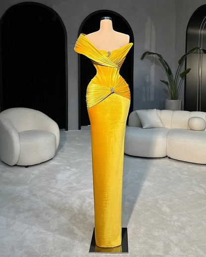 Avant-Garde Sheath Prom Dress Yellow Off-Shoulder Beaded Evening Dress AP6723