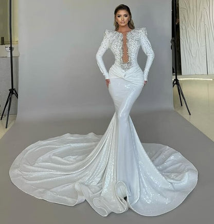 Sleek White Prom Dress Long Sleeve Mermaid Formal Dress Beading Sequins Evening Outfits AP6726
