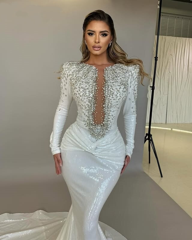 Sleek White Prom Dress Long Sleeve Mermaid Formal Dress Beading Sequins Evening Outfits AP6726