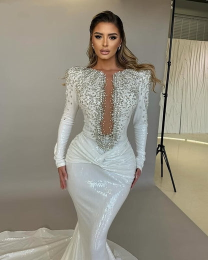 Sleek White Prom Dress Long Sleeve Mermaid Formal Dress Beading Sequins Evening Outfits AP6726