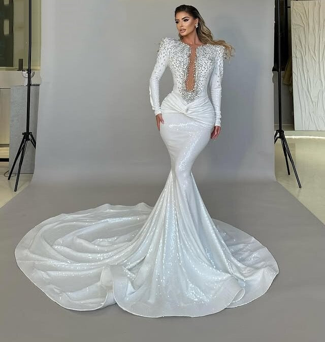 Sleek White Prom Dress Long Sleeve Mermaid Formal Dress Beading Sequins Evening Outfits AP6726