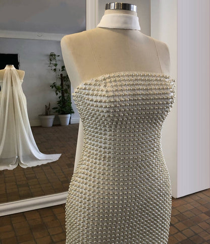 Dainty Ivory Prom Dress Strapless Sheath Evening Outfit Beads Formal Dress AP6727