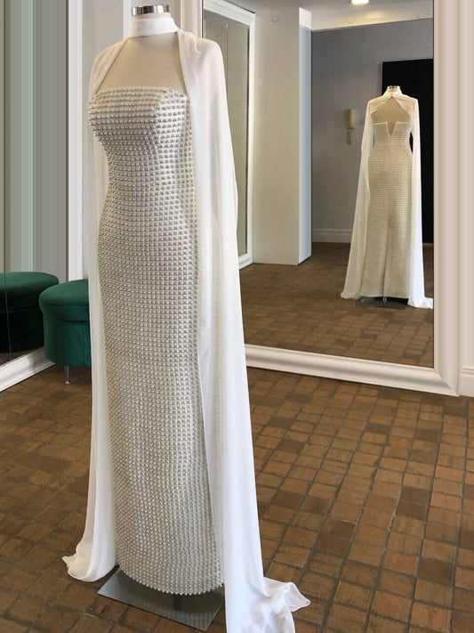 Dainty Ivory Prom Dress Strapless Sheath Evening Outfit Beads Formal Dress AP6727