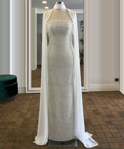 Dainty Ivory Prom Dress Strapless Sheath Evening Outfit Beads Formal Dress AP6727
