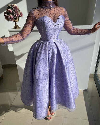 Lustrous High Collar Purple Prom Dress A-Line Long Sleeve Evening Outfit Sequins Beadied Formal Dress AP6729