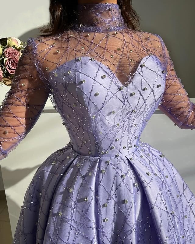 Lustrous High Collar Purple Prom Dress A-Line Long Sleeve Evening Outfit Sequins Beadied Formal Dress AP6729