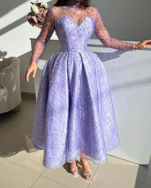 Lustrous High Collar Purple Prom Dress A-Line Long Sleeve Evening Outfit Sequins Beadied Formal Dress AP6729