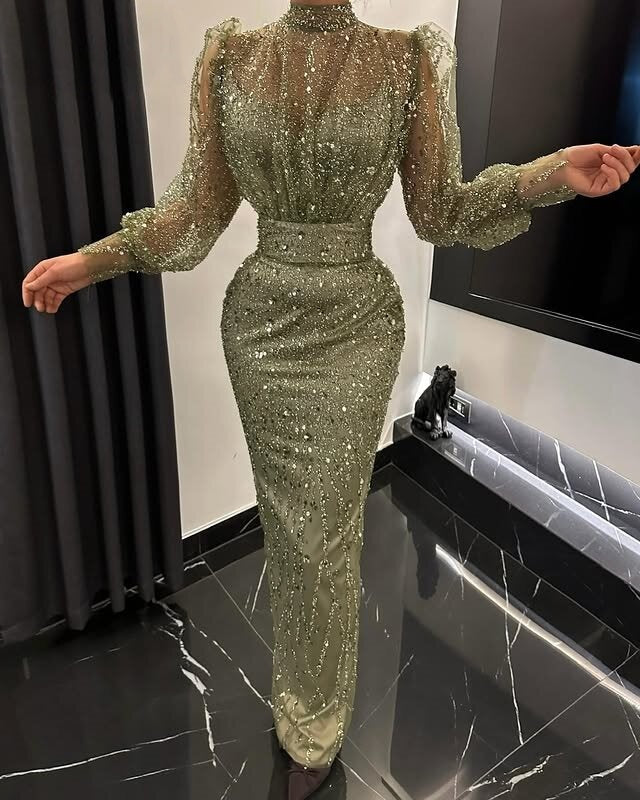Classy High Collar Green Prom Dress Long Sleeve Sequins Sheath Evening Outfits AP6730