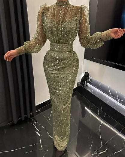 Classy High Collar Green Prom Dress Long Sleeve Sequins Sheath Evening Outfits AP6730