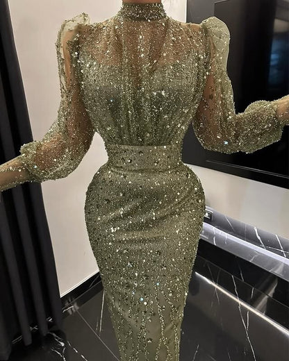 Classy High Collar Green Prom Dress Long Sleeve Sequins Sheath Evening Outfits AP6730