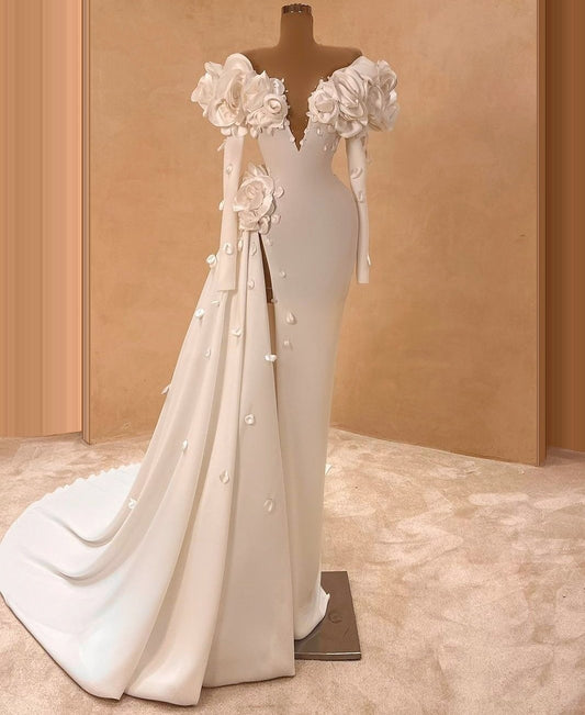 Showstopping 3D Appliques Off-Shoulder Wedding Dress Long Sleeve Sheath Bridal Outfits AP6732