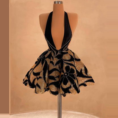Celestial Black Homecoming Dress Halter Neck Hoco Outfit Sequins A-Line Birthday Gowns AP6735