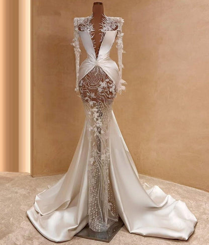 Custom Sheath V Neck Wedding Dress Appliques Sequins Long Sleeve Bridal Outfits AP6736