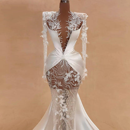 Custom Sheath V Neck Wedding Dress Appliques Sequins Long Sleeve Bridal Outfits AP6736