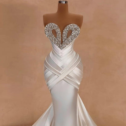 Romantic Pleated Strapless Wedding Dress Sheath Beaded Bridal Outfits AP6737