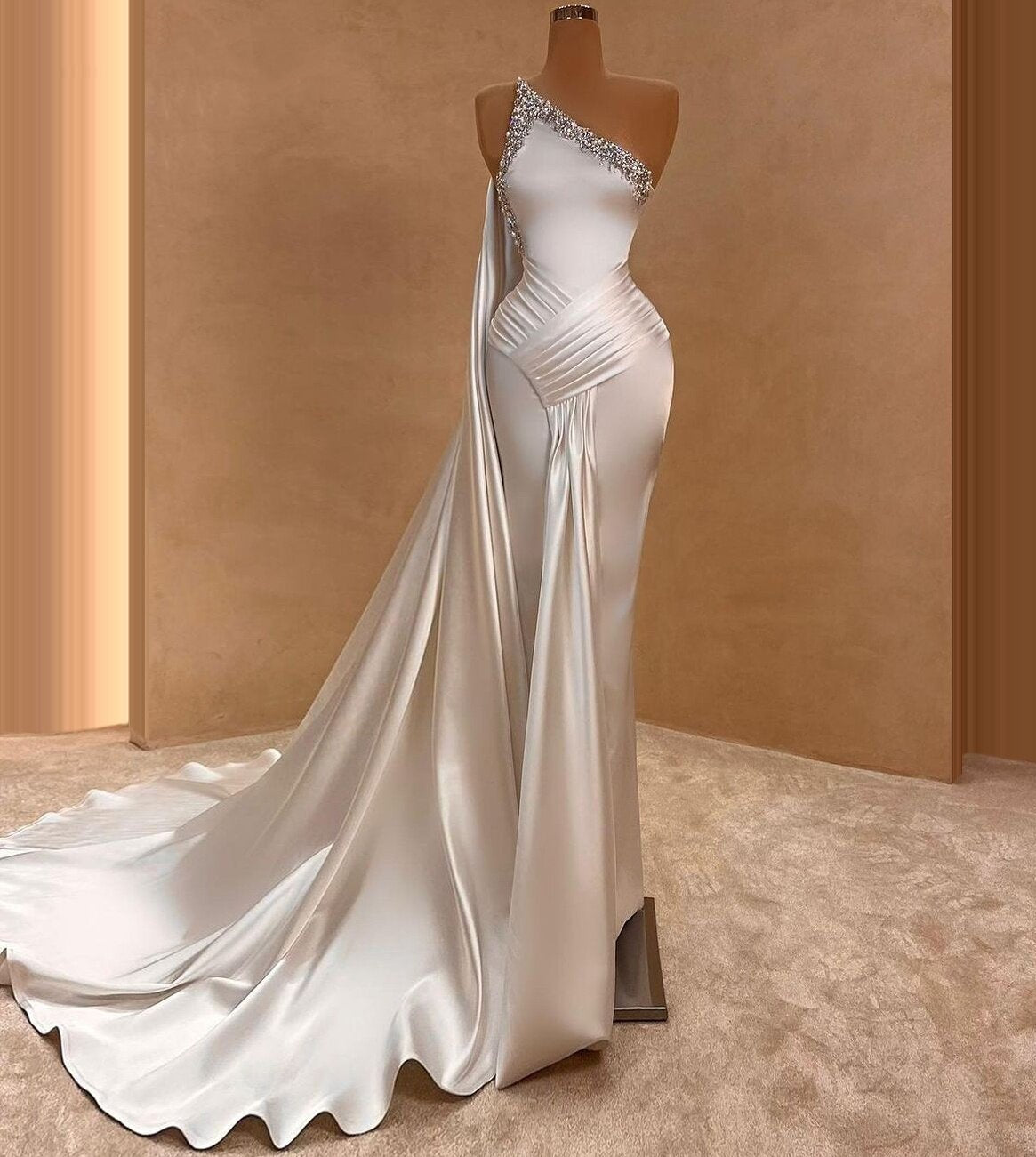 Ornate One Shoulder Beaded Wedding Dress Sheath Bridal Outfits AP6738