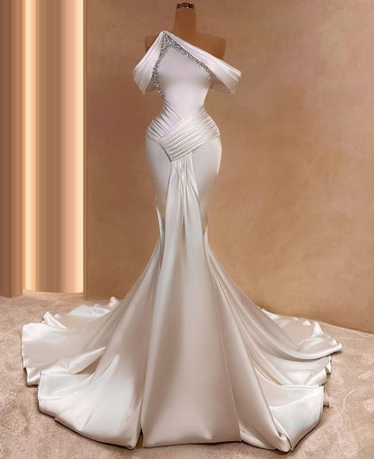 Chic Satin Mermaid Wedding Dress Off-Shoulder Beaded Bridal Outfits AP6740