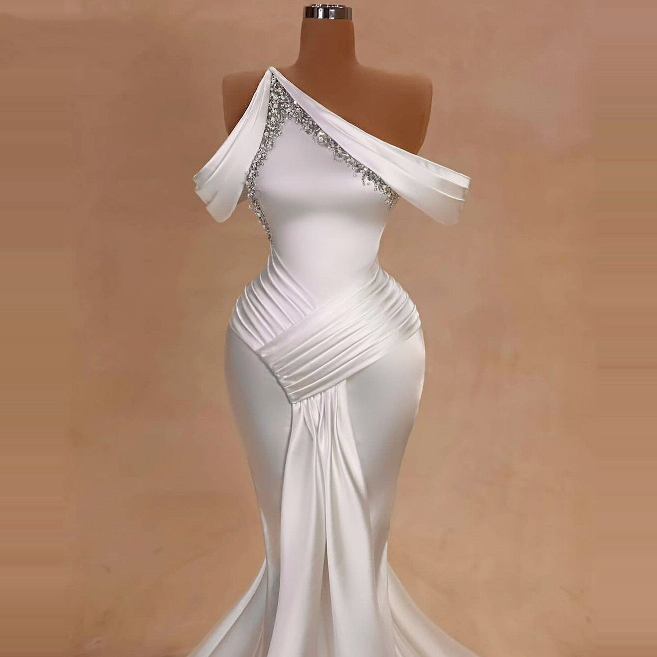 Chic Satin Mermaid Wedding Dress Off-Shoulder Beaded Bridal Outfits AP6740