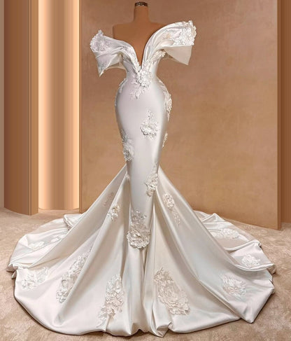 Luxurious Mermaid Appliques Wedding Dress Off-Shoulder Beads Bridal Outfits AP6741