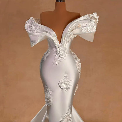 Luxurious Mermaid Appliques Wedding Dress Off-Shoulder Beads Bridal Outfits AP6741