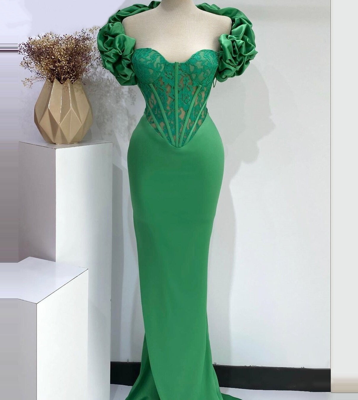 Graceful Sheath Green Prom Dress Lace Ruffled Off-Shoulder Evening Dress AP6743