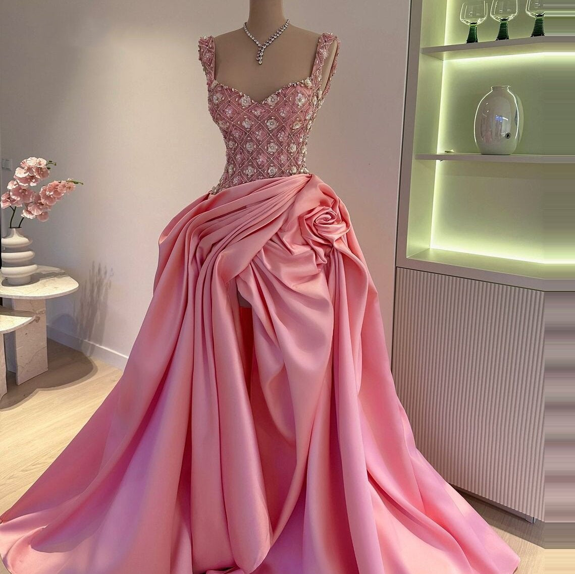 Elegant Spaghetti Strap Pink Prom Dress A-Line Handmade Flowers Beaded Evening Gowns AP6744