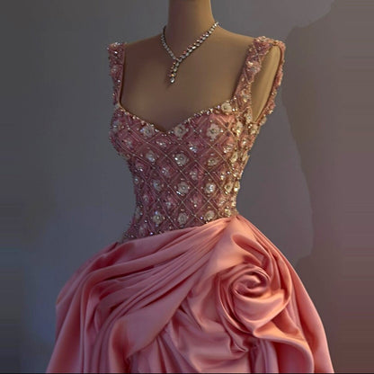 Elegant Spaghetti Strap Pink Prom Dress A-Line Handmade Flowers Beaded Evening Gowns AP6744