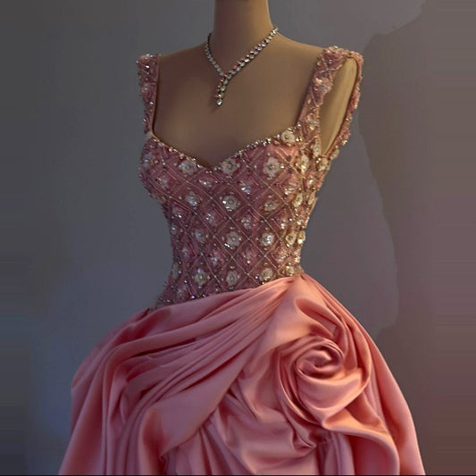 Elegant Spaghetti Strap Pink Prom Dress A-Line Handmade Flowers Beaded Evening Gowns AP6744