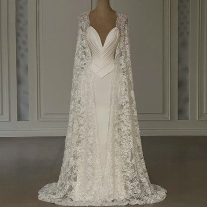 Classical V Neck Pleated Wedding Dress Beads Lace Cape Sheath Bridal Outfits AP6745