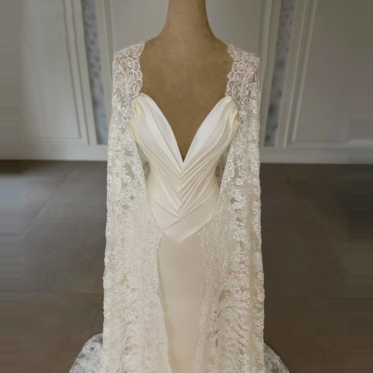 Classical V Neck Pleated Wedding Dress Beads Lace Cape Sheath Bridal Outfits AP6745