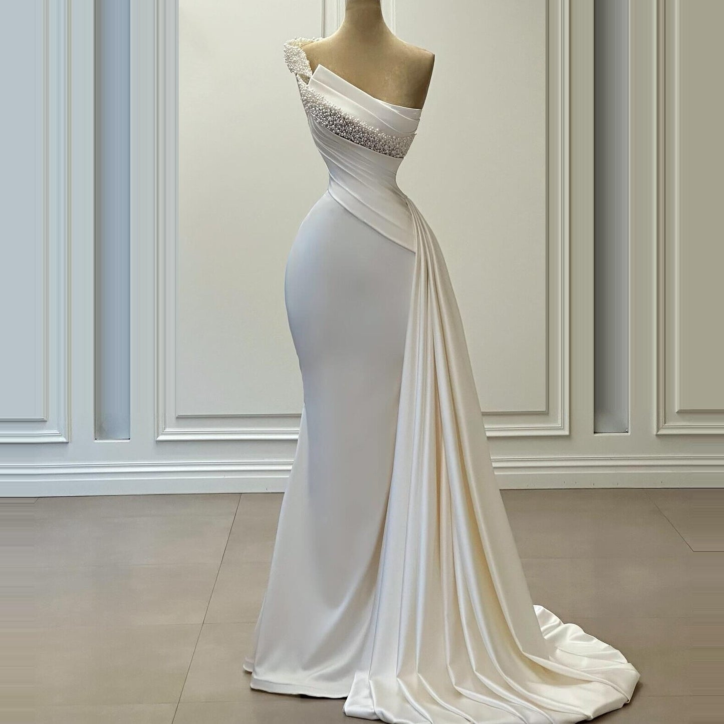 Fantastic One Shoulder Wedding Dress Beaded Mermaid Bridal Gowns AP6746
