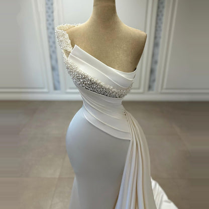 Fantastic One Shoulder Wedding Dress Beaded Mermaid Bridal Gowns AP6746