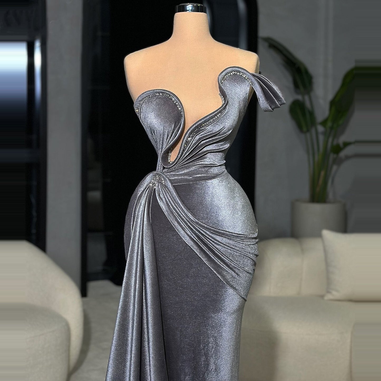 Sweet Sheath Gunmetal Grey Prom Dress Beaded Off-Shoulder Evening Dress AP6747