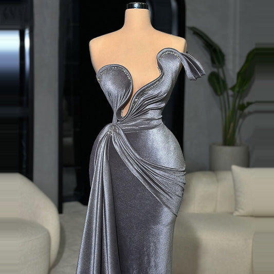 Sweet Sheath Gunmetal Grey Prom Dress Beaded Off-Shoulder Evening Dress AP6747