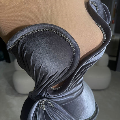 Sweet Sheath Gunmetal Grey Prom Dress Beaded Off-Shoulder Evening Dress AP6747