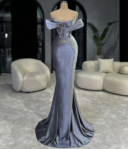Vintage Gunmetal Mermaid Prom Dress Off-Shoulder Beaded Evening Dress AP6748
