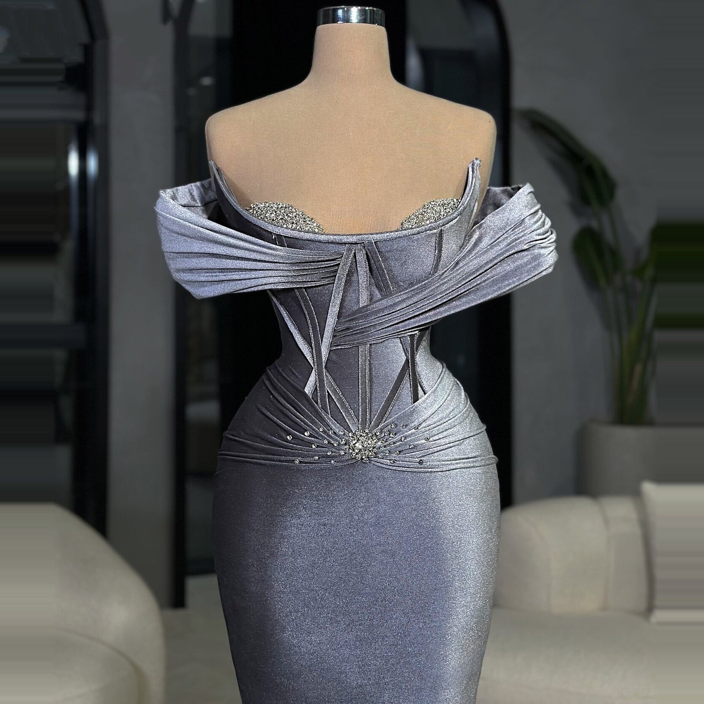 Vintage Gunmetal Mermaid Prom Dress Off-Shoulder Beaded Evening Dress AP6748