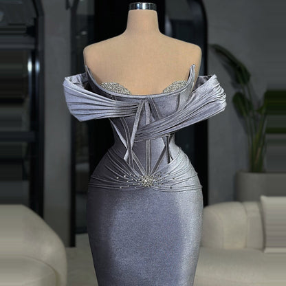 Vintage Gunmetal Mermaid Prom Dress Off-Shoulder Beaded Evening Dress AP6748