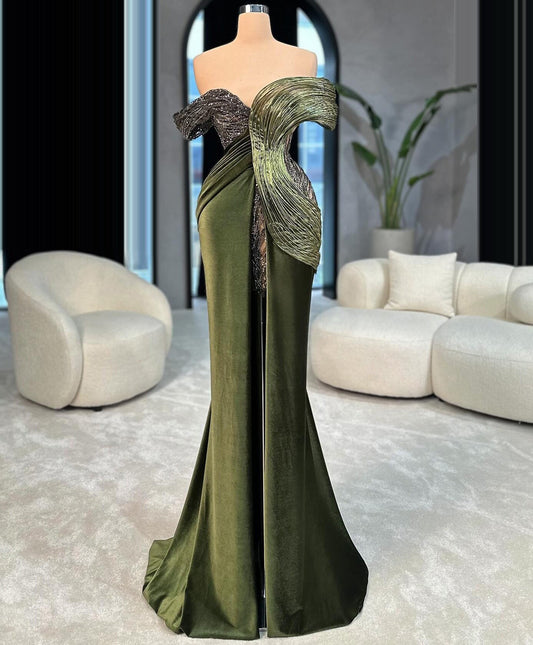 Artistic Dark Green Mermaid Prom Dress Off-Shoulder Sequins Slit Evening Dress AP6749