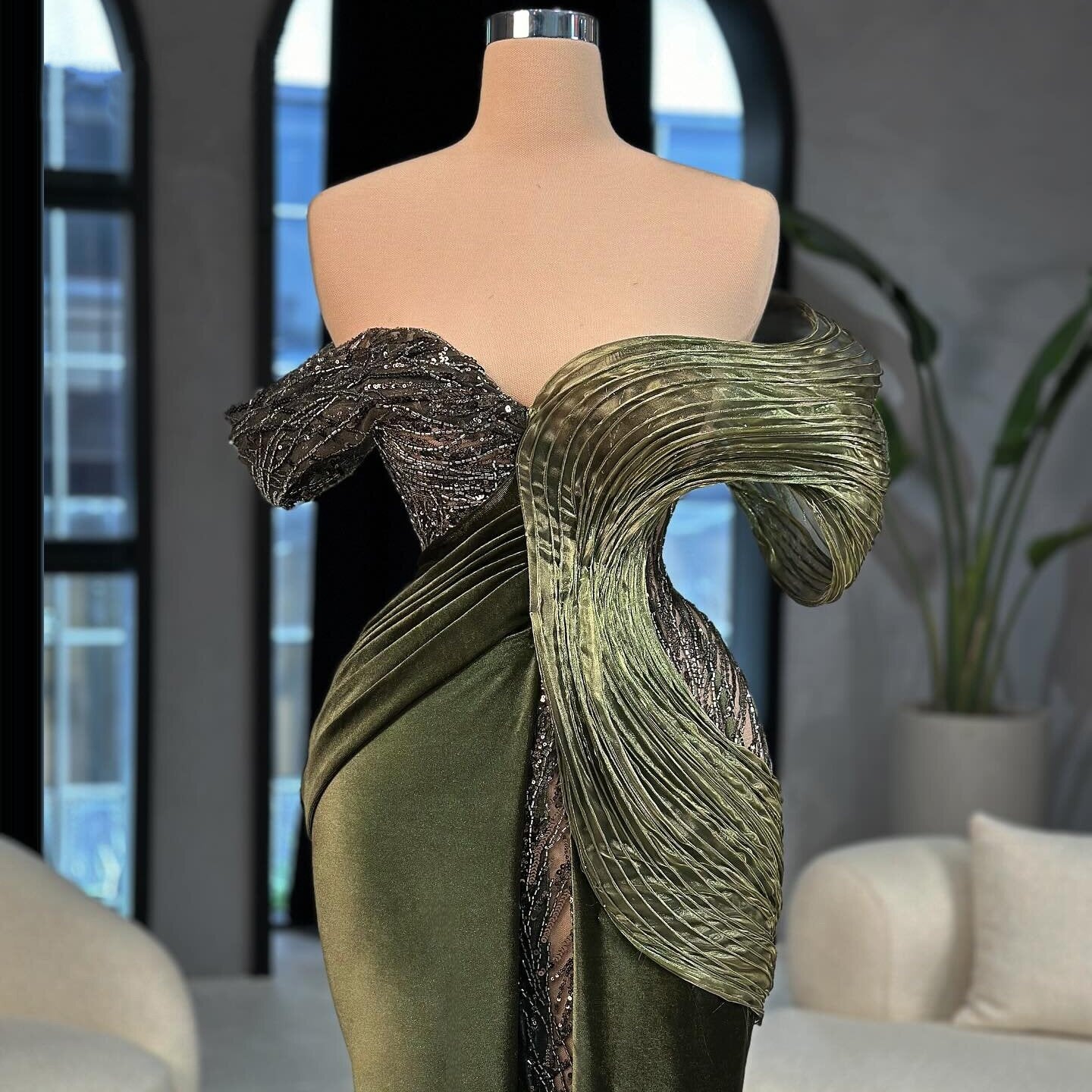 Artistic Dark Green Mermaid Prom Dress Off-Shoulder Sequins Slit Evening Dress AP6749
