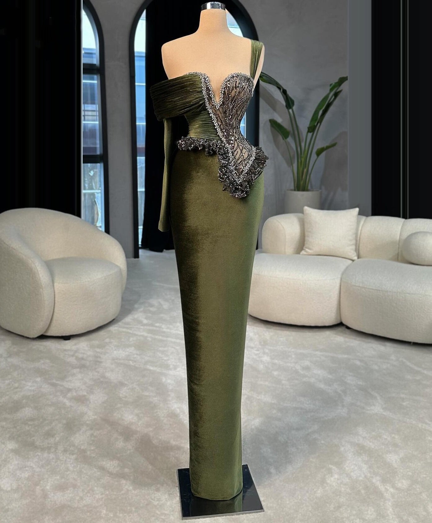 Dreamy Sheath Green Prom Dress Long Sleeve Beaded Formal Outfit Sequins One Shoulder Evening Dress AP6750