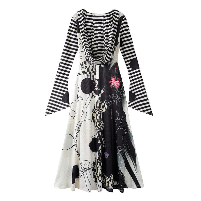 Cute Abstract Print A-Line Long Dress With Cowl Black & White Stripe Sleeves V Neck Maxi Dress AP6751