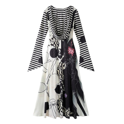 Cute Abstract Print A-Line Long Dress With Cowl Black & White Stripe Sleeves V Neck Maxi Dress AP6751