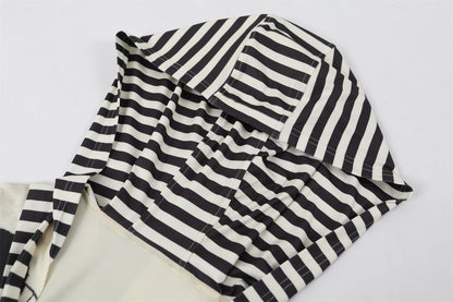 Cute Abstract Print A-Line Long Dress With Cowl Black & White Stripe Sleeves V Neck Maxi Dress AP6751