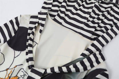Cute Abstract Print A-Line Long Dress With Cowl Black & White Stripe Sleeves V Neck Maxi Dress AP6751