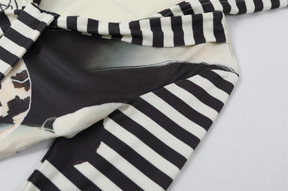 Cute Abstract Print A-Line Long Dress With Cowl Black & White Stripe Sleeves V Neck Maxi Dress AP6751