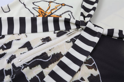 Cute Abstract Print A-Line Long Dress With Cowl Black & White Stripe Sleeves V Neck Maxi Dress AP6751